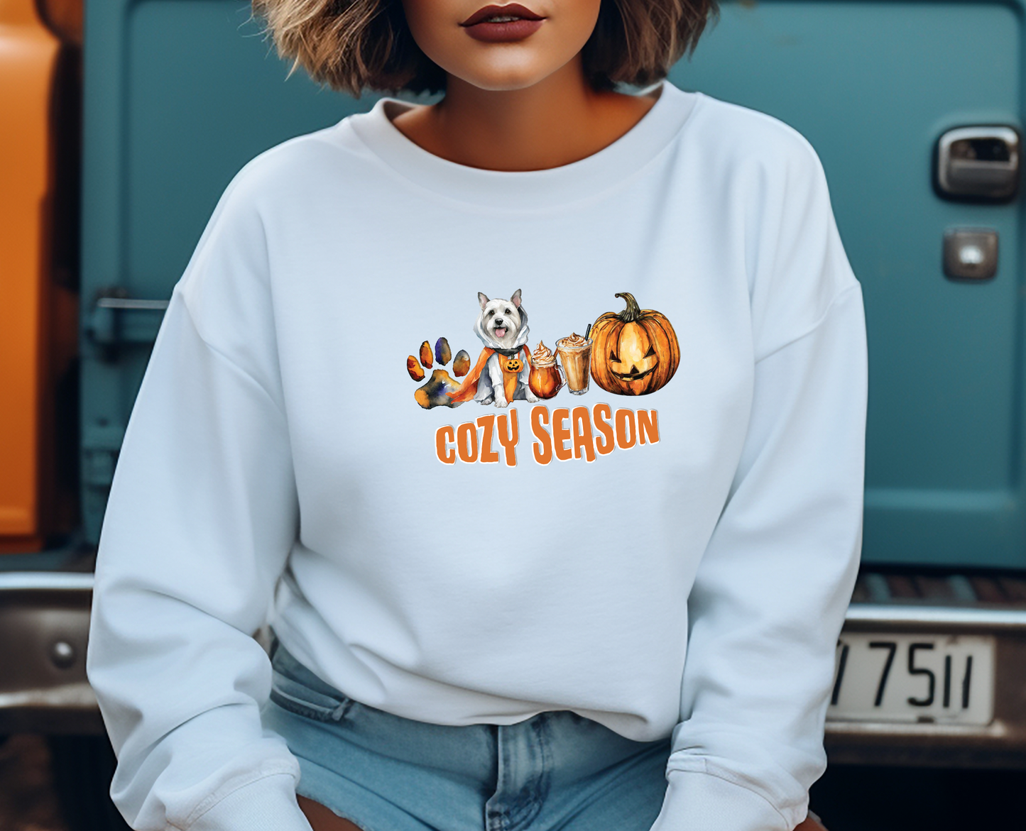 Festive Fall Halloween Unisex Sweater Cozy Pumpkin Paws Crewneck Sweatshirt