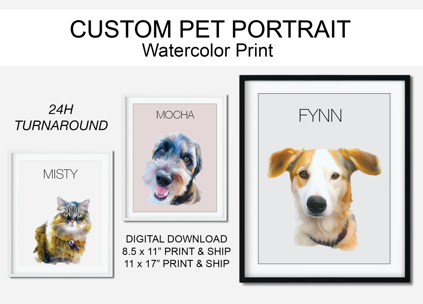 Custom Pet Portrait Art Print Personalized Pet Artwork from Picture Printed and Shipped