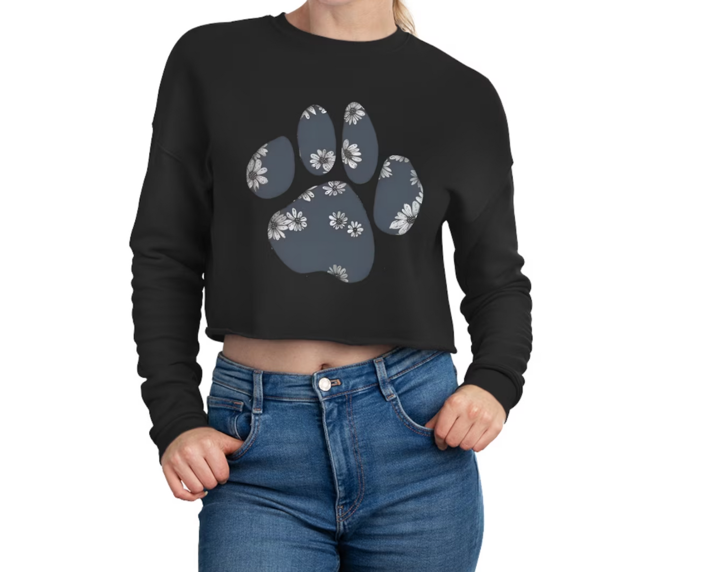 Stylish Paw Print Black Cropped Sweater for Women