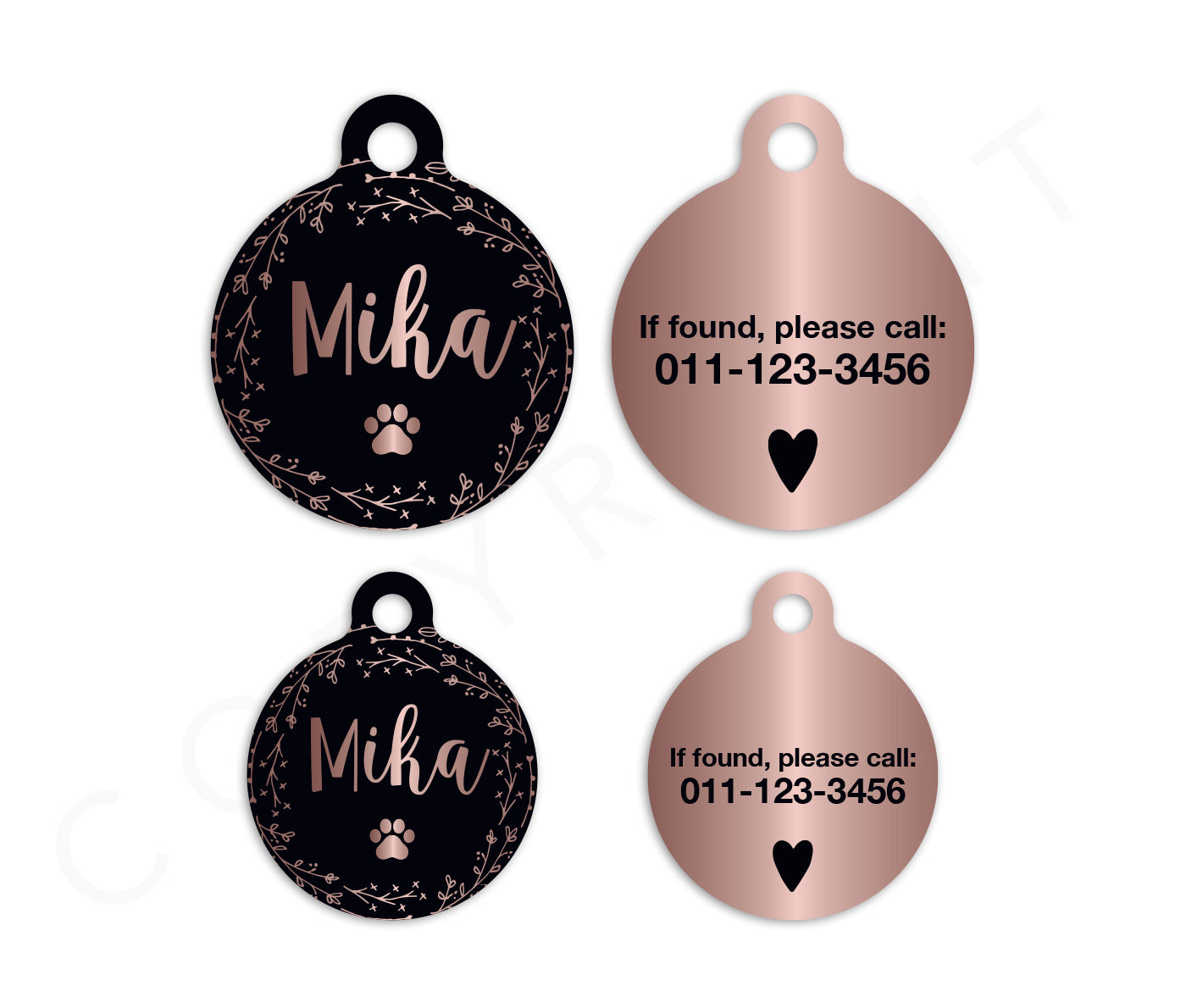 Customized Circle Black and Faux-Rose Gold Pet ID Tag