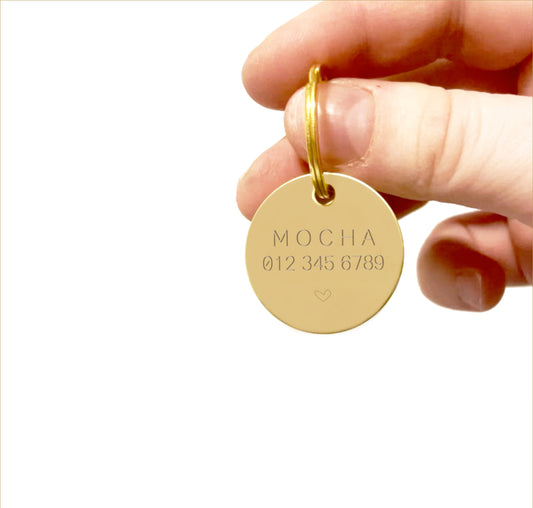 Dog ID Tag Hand Stamped Gold Brass Pet ID Tag for Dogs Circle and Bone Pet Tag