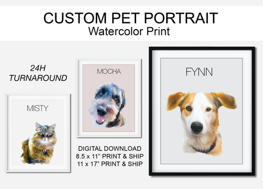 Custom Pet Portrait Art Print Personalized Pet Artwork from Picture Printed and Shipped