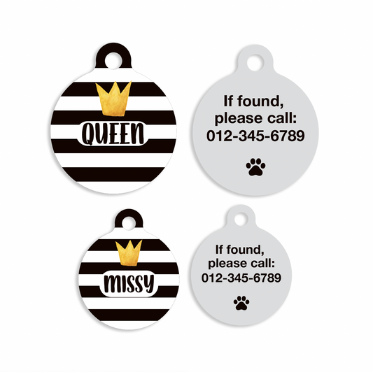 Black and White Stripes and Crown Pet ID Tag