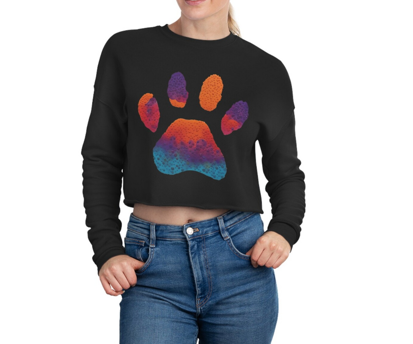 Stylish Paw Print Black Cropped Sweater for Women