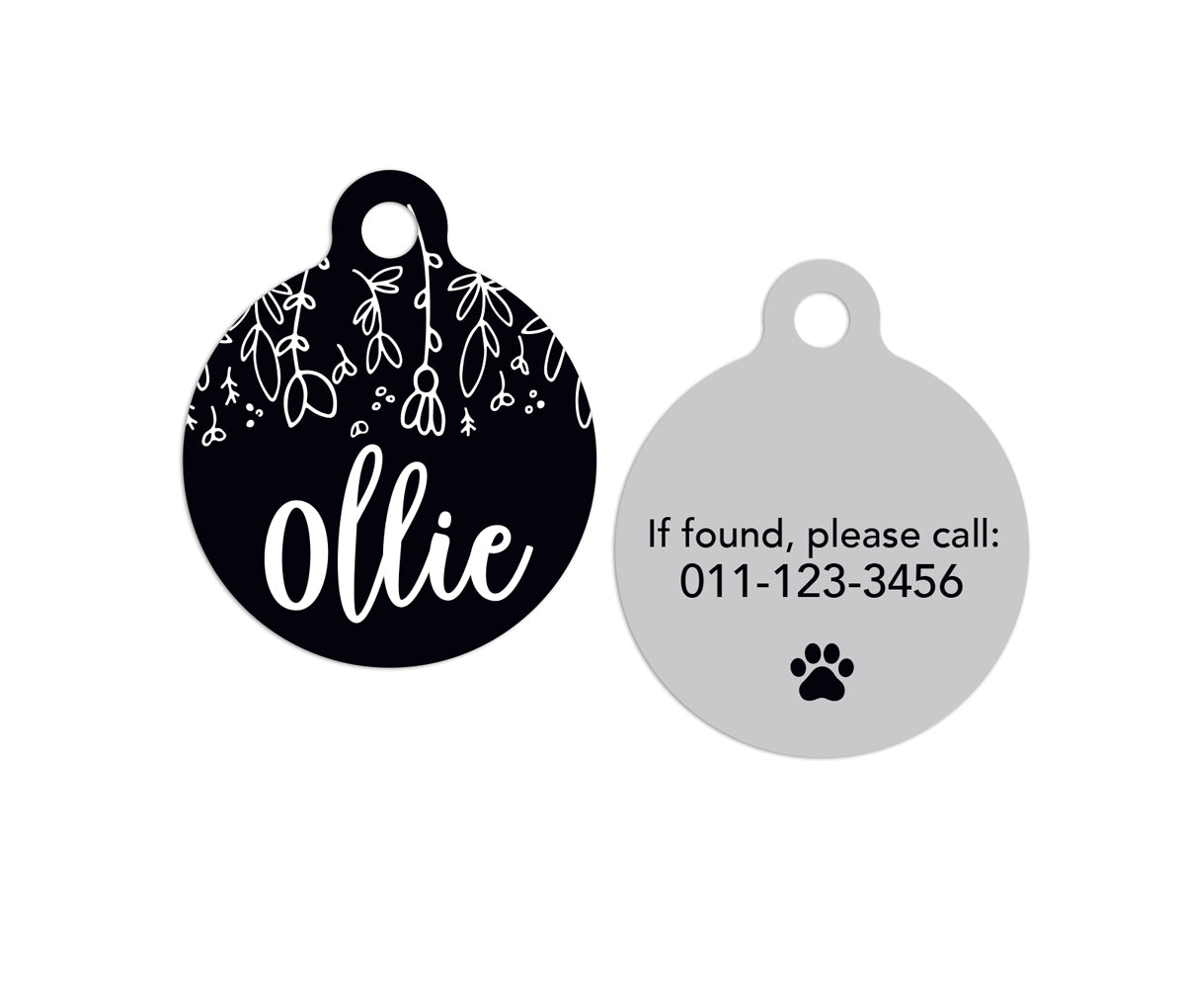 Customized Circle Black Floral Pet ID Tag