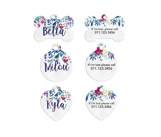 Blue Watercolor Floral Pet ID Tags