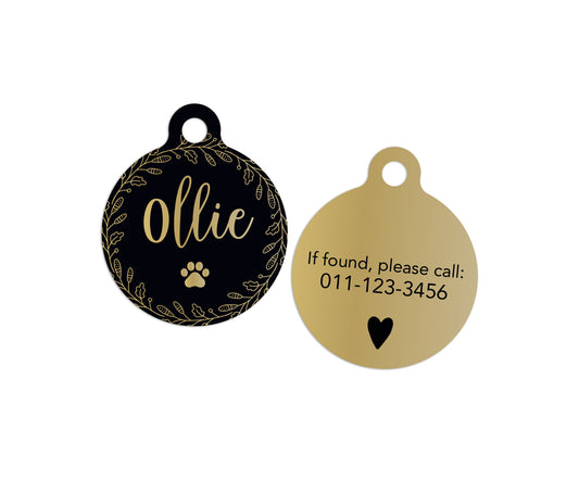 Customized Circle Black and Faux-Gold Pet ID Tag