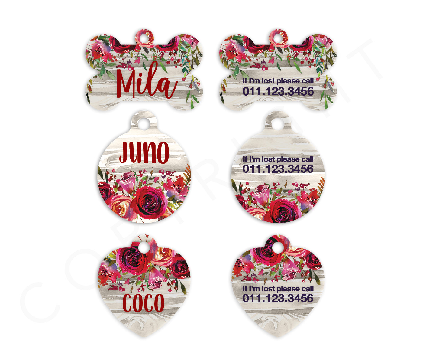 Red Watercolor Floral Pet ID Tags