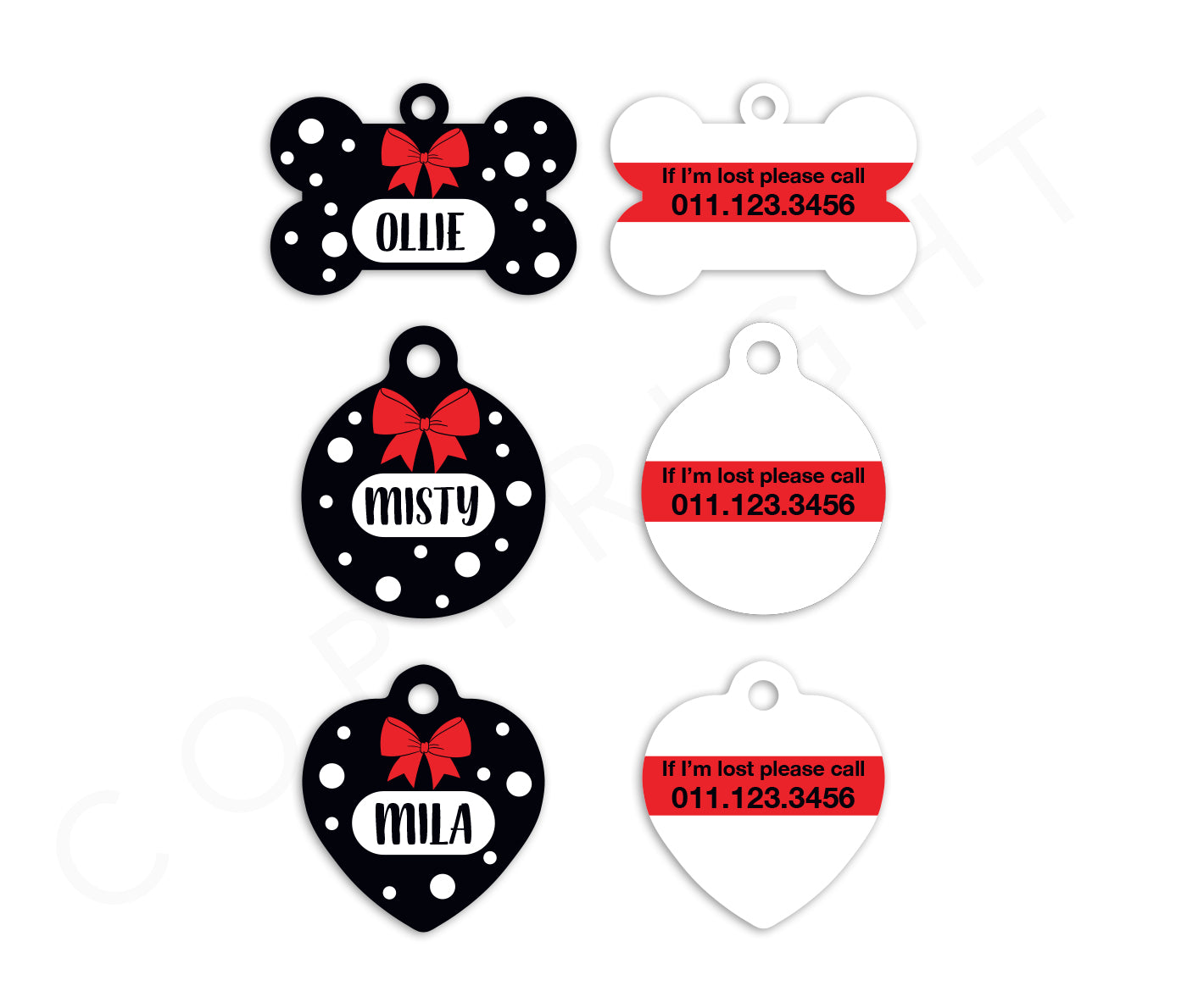 Black and White Red Bow Pet ID Tags